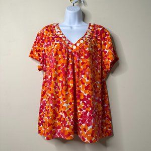 Ruby Rd Orange/Pink Abstract Short Sleeve Top Women's XL